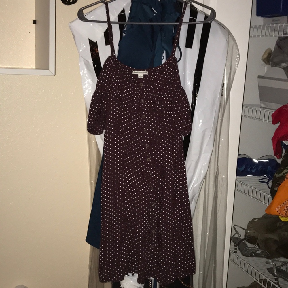 maroon polka dot above knee dress